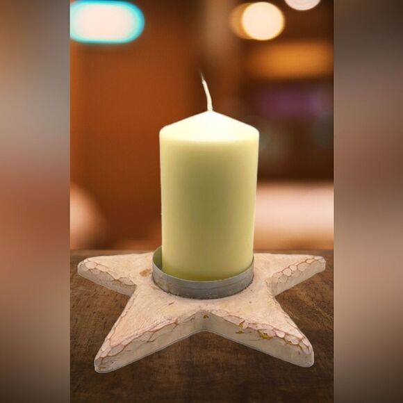 Star Shaped Distressed Wood-Like Candle Holder & Large Candle - Picture 3 of 16